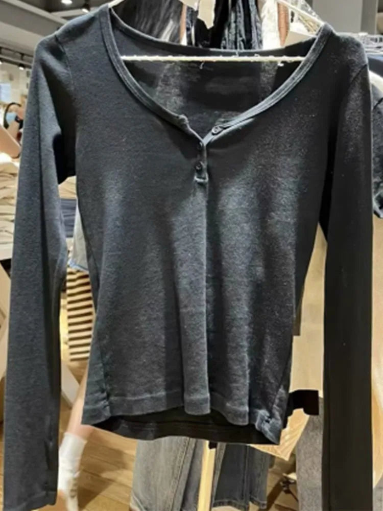Casual Women Fashion Front Buttons Tees Fall Vintage O Neck Long Sleeves Solid Color T shirts Female Chic Tops