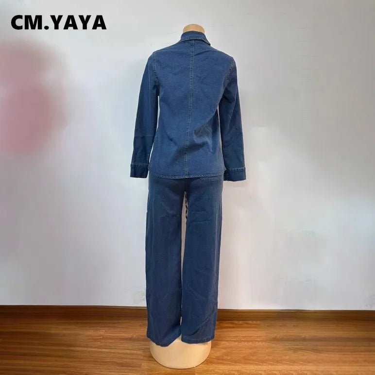 CM.YAYA Fashion Women's Set Long Sleeve Washed Denim Tops Shirts + Wide Leg Pants Suit 2025 Spring Street Two 2 Piece Set Outfit