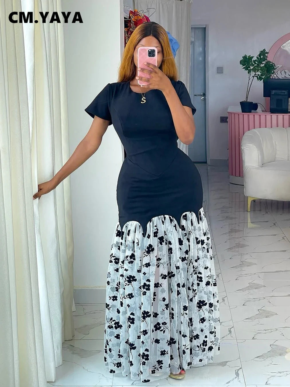 CM.YAYA Women Short Sleeve O-neck Mesh Floral Printed Long Maxi Bodycon Mermaid Dress 2025 Birthday Night Party Vestidos Dresses