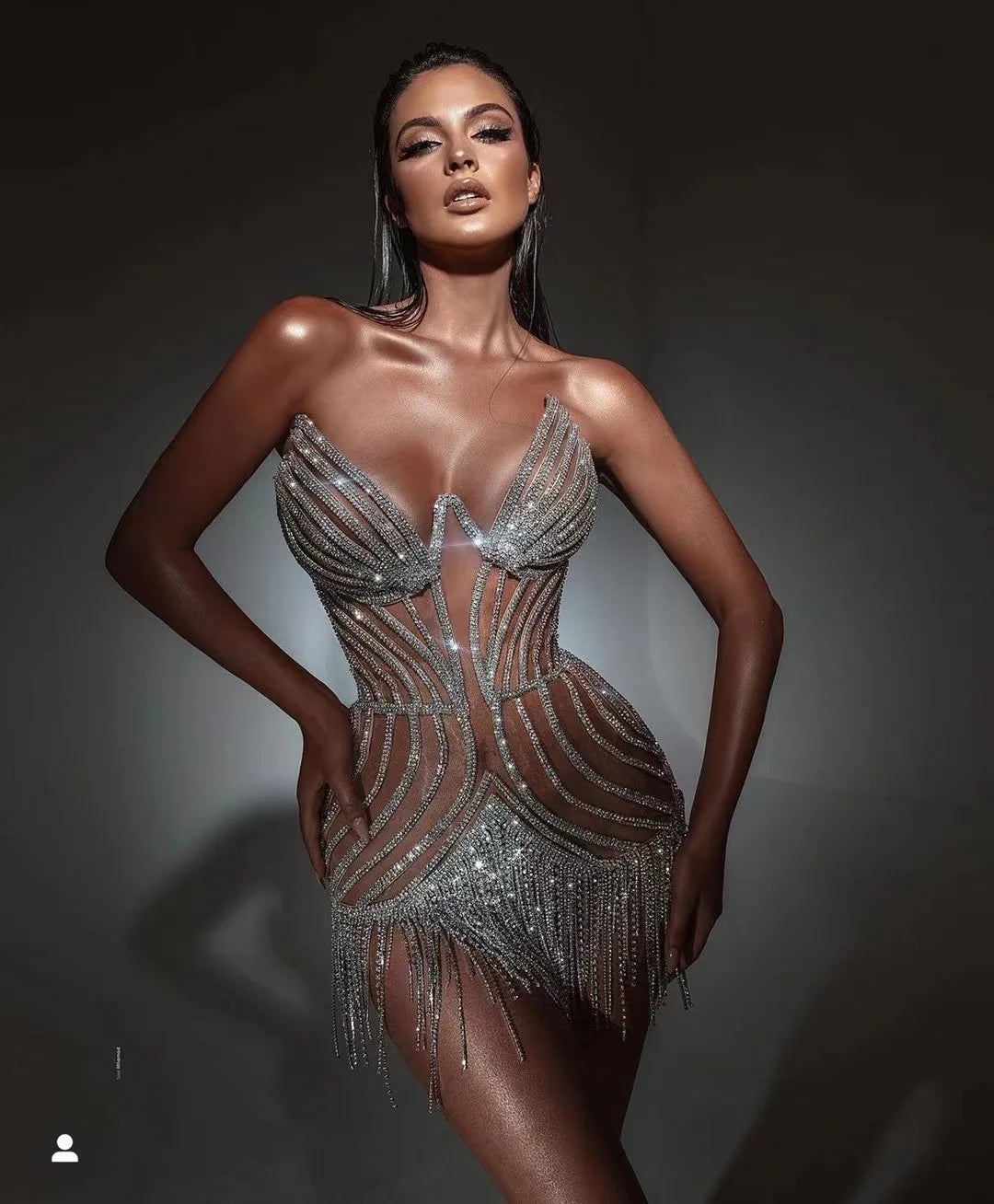 Luxury Shining Diamonds Tassel Strapless Mini Dress Celebrity Birthday Party Evening Dress Stage Performance Costume