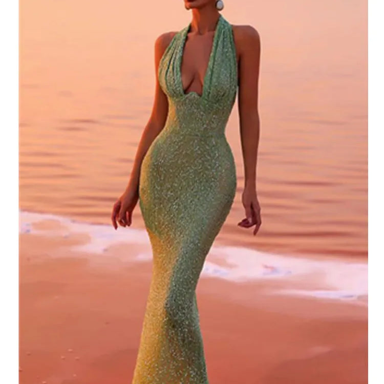 Women Celebrity Sexy Backless Halter Mesh Sequins Sparkly Maxi Long Gowns Dress 2024 Elegant Evening Party Club Dress Vestido