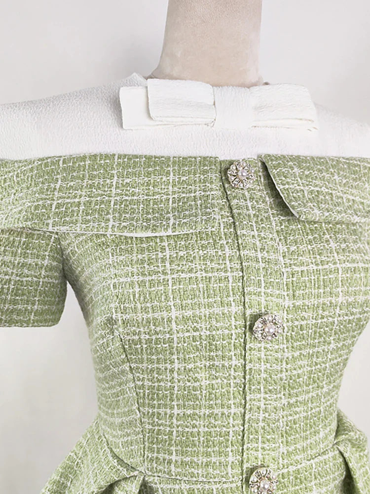 DEAT Women's Patchwork Tweed Dress Fashion Contrast Color Single Breasted High Waist Elegant Dresses Female New 13DB3854