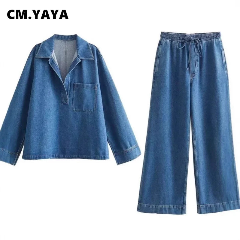 CM.YAYA Fashion Women's Set Long Sleeve Washed Denim Tops Shirts + Wide Leg Pants Suit 2025 Spring Street Two 2 Piece Set Outfit