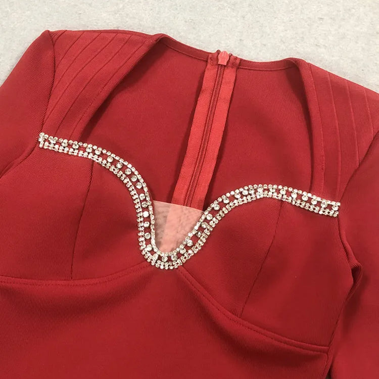 Vestido longo feminino sexy de manga comprida com diamantes, vermelho, longo, bandagem justa, 2025, elegante, roupa para festa noturna