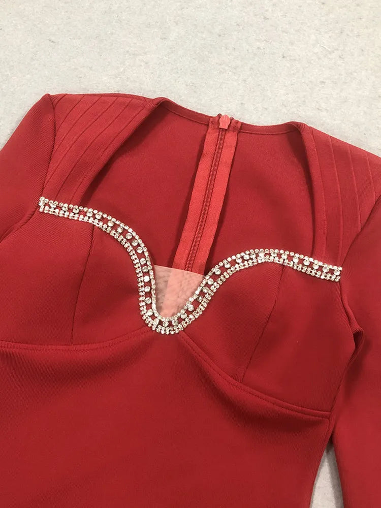 Vestido longo feminino sexy de manga comprida com diamantes, vermelho, longo, bandagem justa, 2025, elegante, roupa para festa noturna