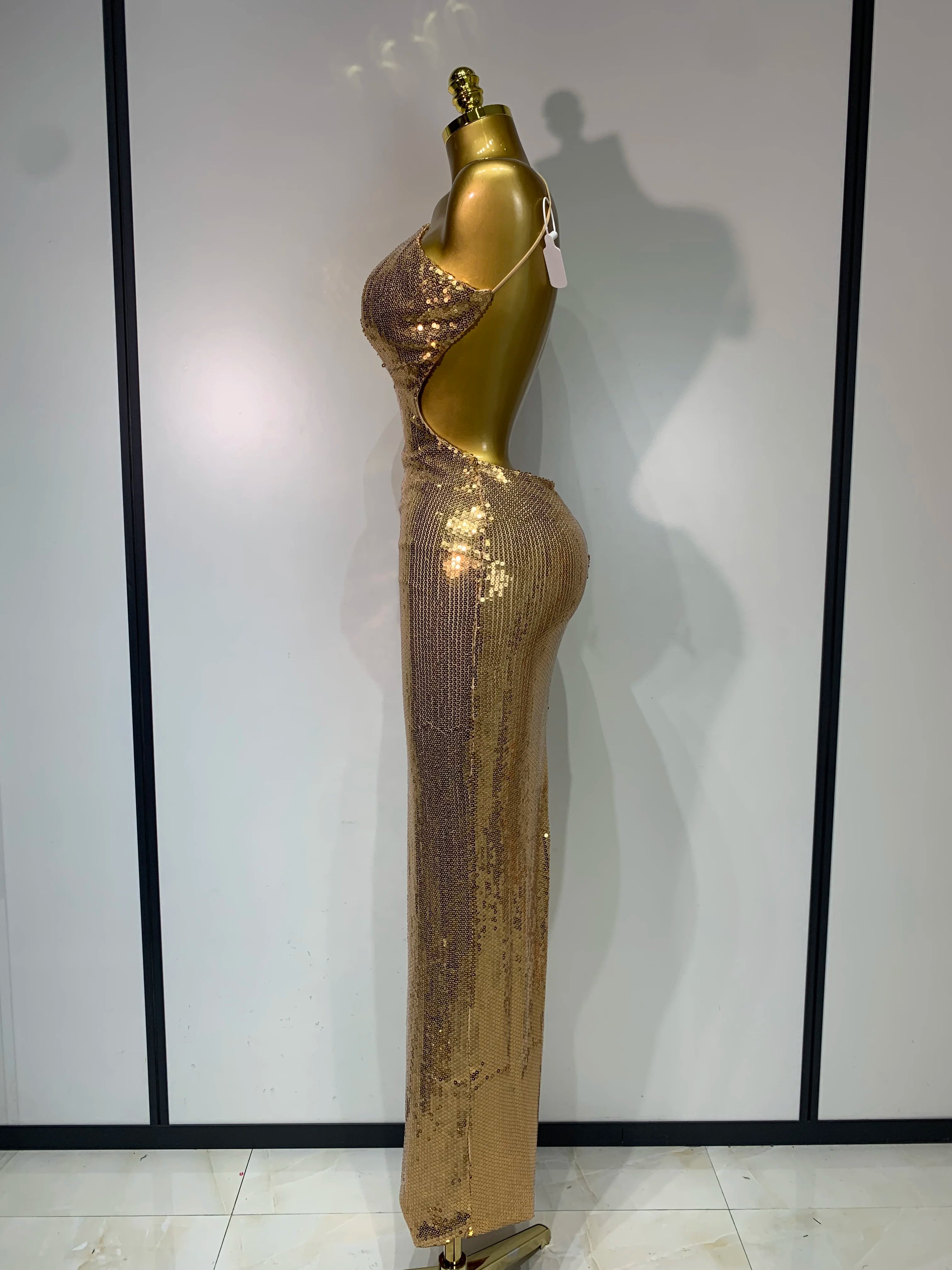 Luxury Sexy Backless Halter Gold Glitter Sequins Maxi Long Dress Elegant Sparkly Evening Party Club Dress Wedding Guest Gown