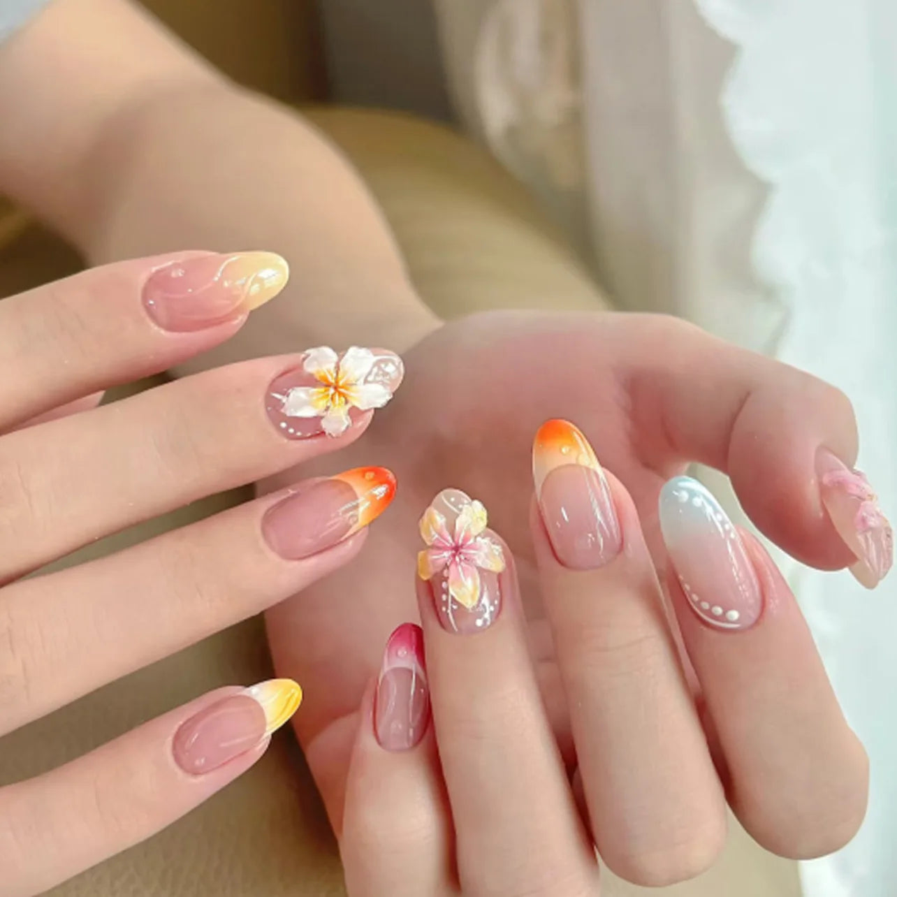24Pcs Fashion Color 3D Flower Nail Tip French Vibrant Wearing Nail Art Short Almond Acrylic Manicure Set with Jelly Glue Summer