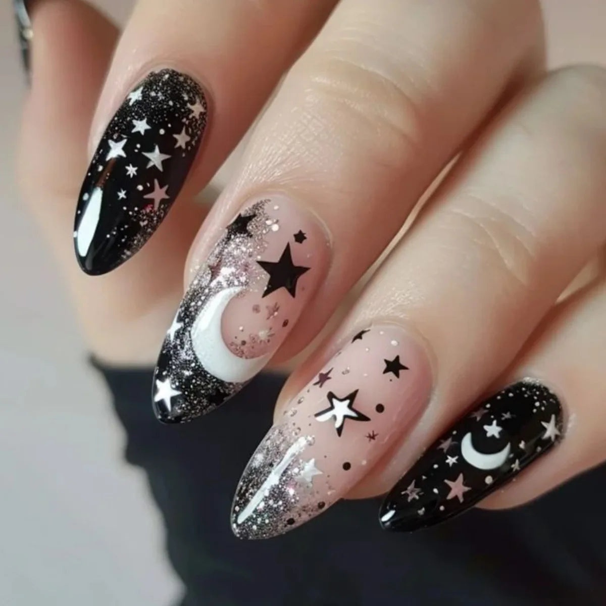 24Pcs Mid-length Almond Fake Nails Press on With Black Star Moon Design False Nail Shiny Powder Detachable Full Cover Nails Tips