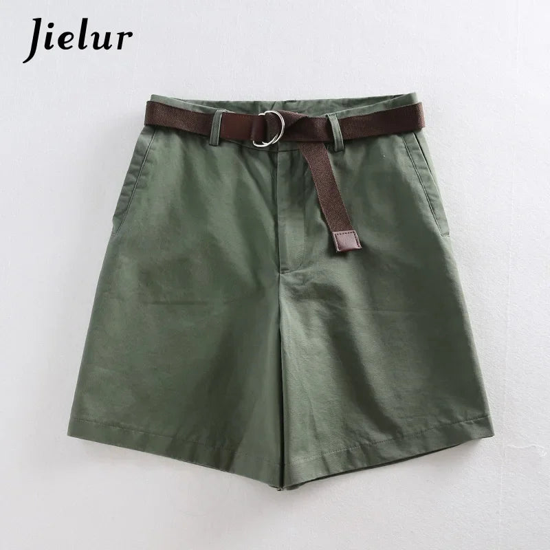 Jielur Shorts All-match 4 Solid Color Sashes Casual Shorts Women A-line High Waist Slim Short Femme Chic S-XXL Ladies Bottom army green