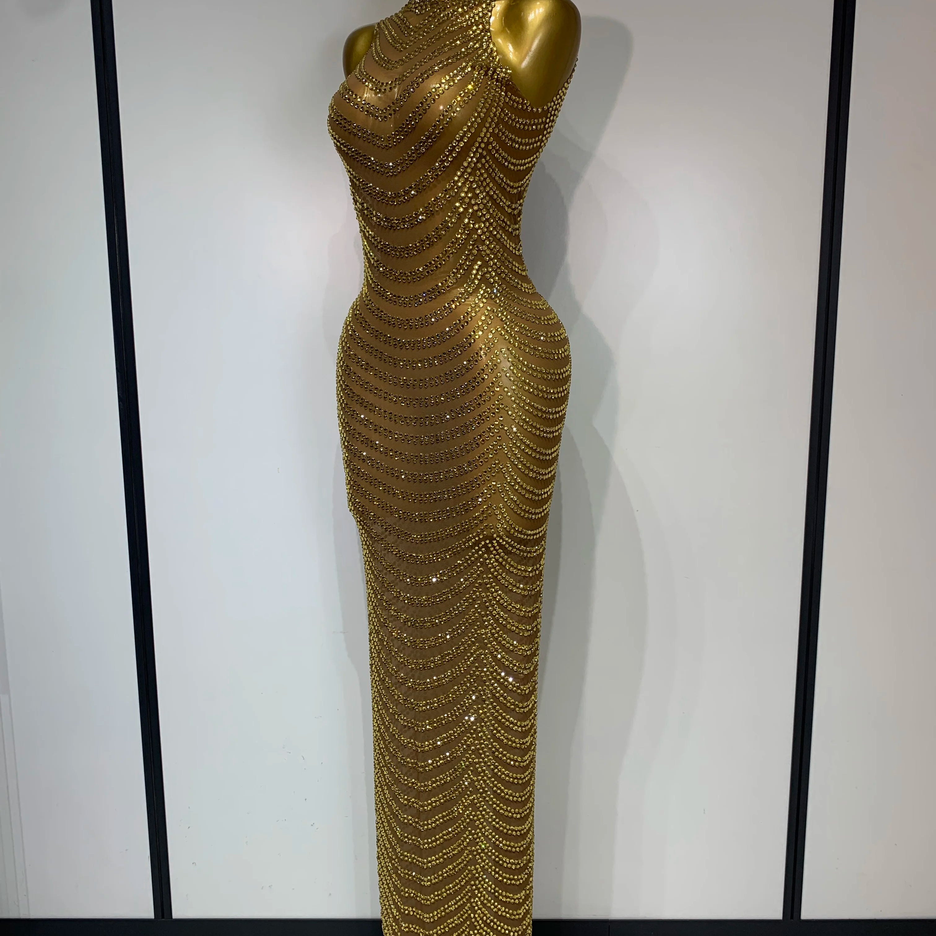 Women Sexy Sparkly Rhinestone Gold Maxi Dress Mesh See Through Evening Party Singer Stage Perform Costume Luxury Birthday Gown