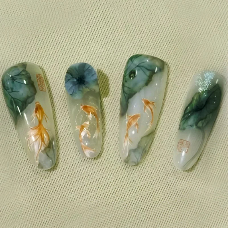 10Pcs Oriental-Themed Press-On Nails with Lotus Leaf,Koi Fish,Bamboo Patterns Crescent Moon Designs Nail Tips for Women&Girls