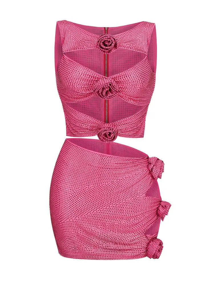 VC Women'S Luxury Party Dress Sparkly Silver Rhinestone Sexy Cut Out Beautiful 3D Flowers Decoration Tank Mini Dress Vestido Rose Red