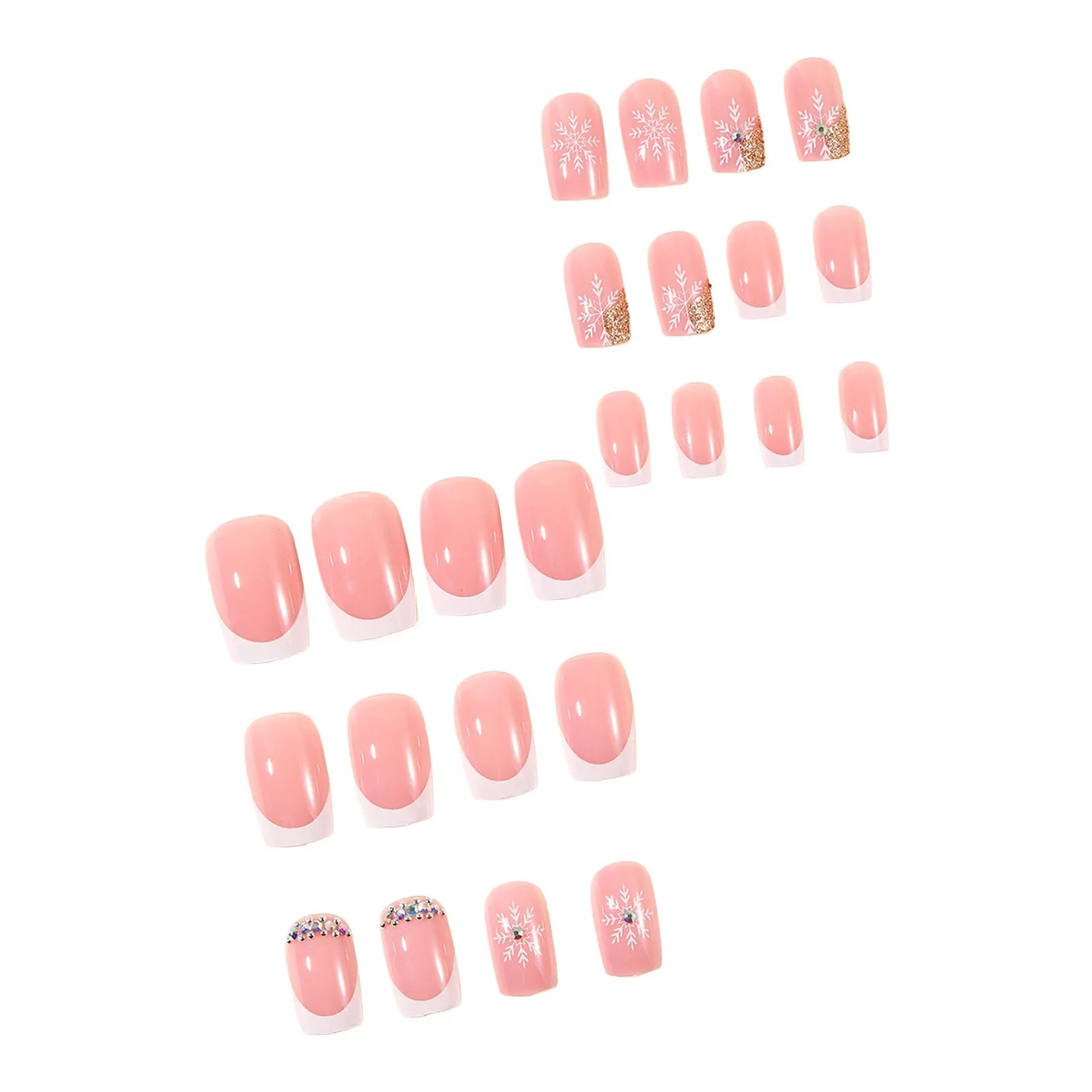 Nude Pink Fake Nails 24Pcs White French Press On Nails Snowflake Printed Women Girls Christmas Party Wearable False Nails Art