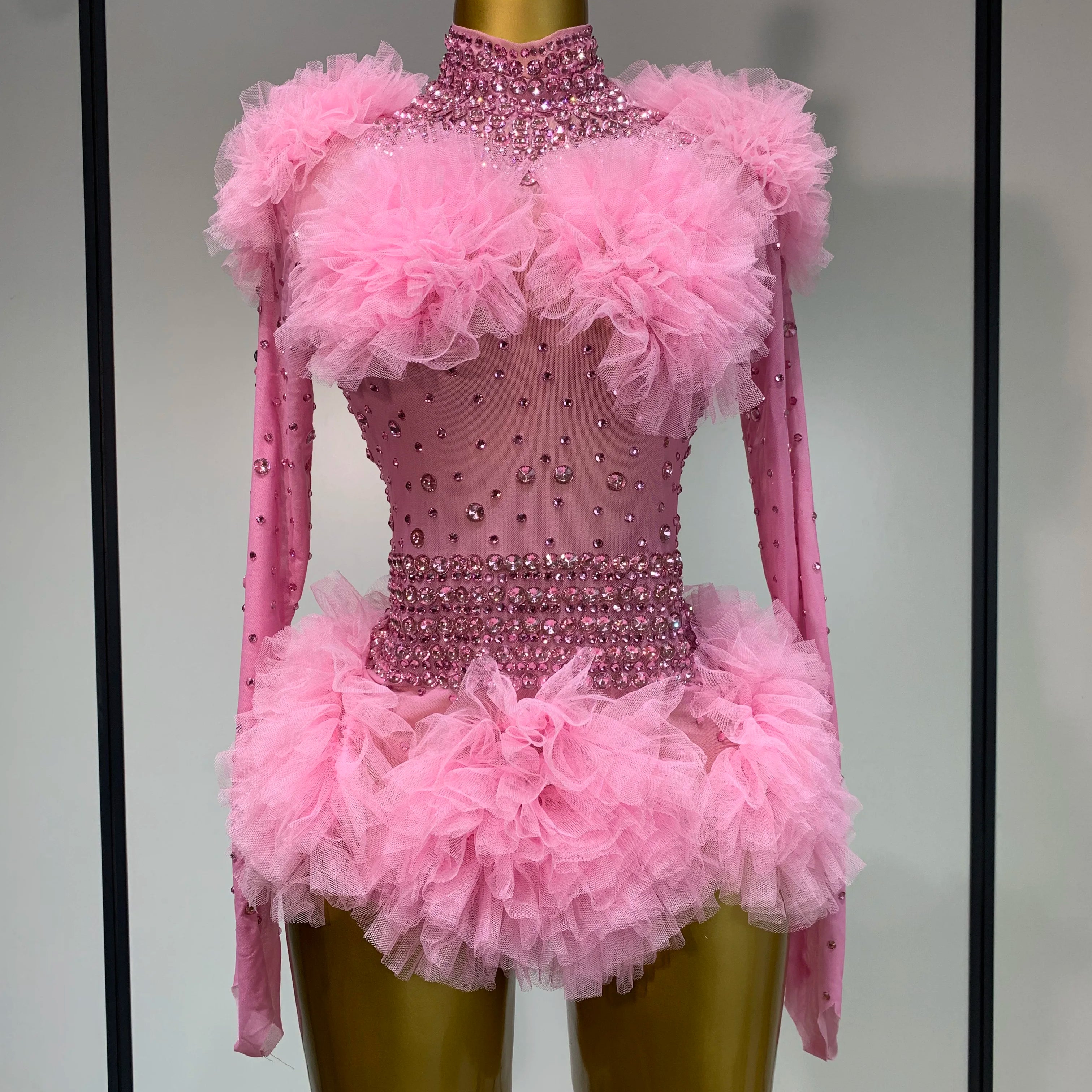 Sexy See Through Rhinestone Bodysuit 2025 Women Sexy Tight Mesh Ruffles Performance Dancer Singer Costume Nightclub Stage Outfit