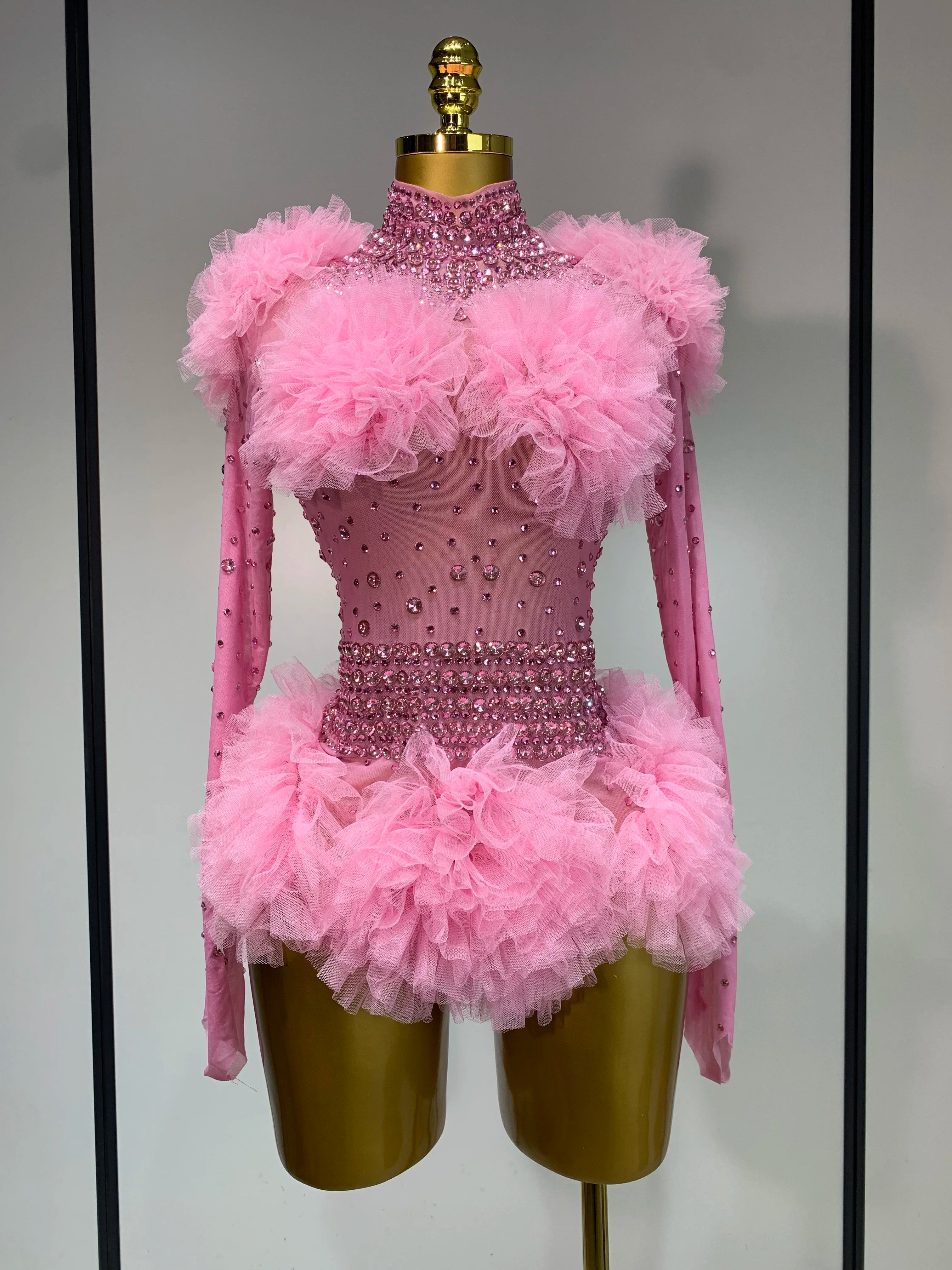 Sexy See Through Rhinestone Bodysuit 2025 Women Sexy Tight Mesh Ruffles Performance Dancer Singer Costume Nightclub Stage Outfit
