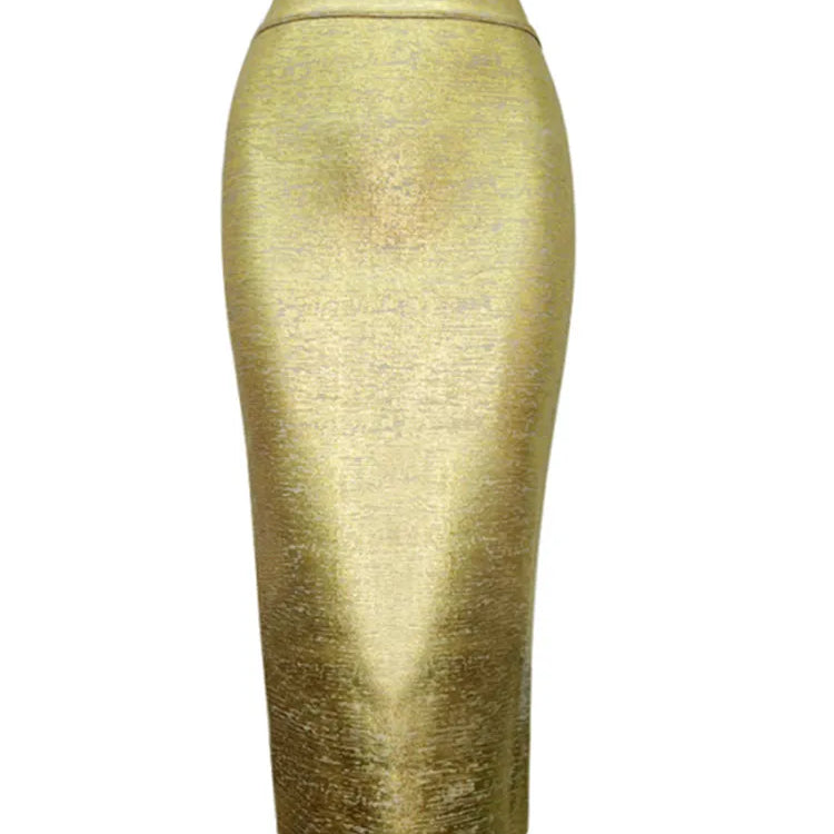 Women Summer Skirt Sexy Silver Gold Bronzing Midi Bandage Skirt High Street Designer Skinny Party Midi Pencil Skirts 78cm