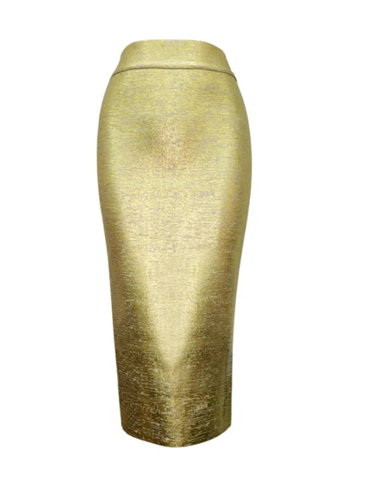 Women Summer Skirt Sexy Silver Gold Bronzing Midi Bandage Skirt High Street Designer Skinny Party Midi Pencil Skirts 78cm
