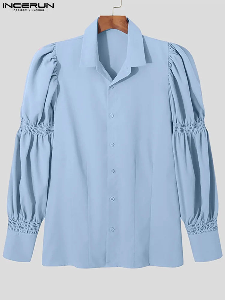 INCERUN Tops American Style New Men Solid Puff Sleeve Shape Blouse Fashion Party Shows Male Loose Long-sleeved Shirts S-5XL