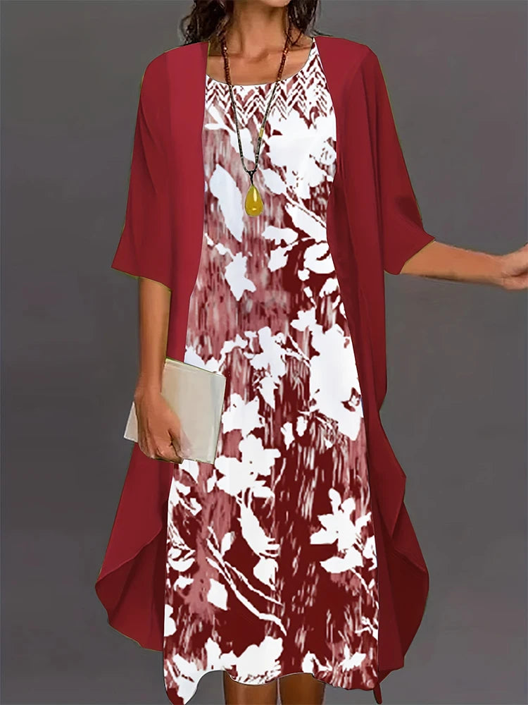 Plus Size 2024 Autumn Women's Floral Printed Long Dress Printed Pattern Two-piece Dress Round Neck Temperament Elegant Dress