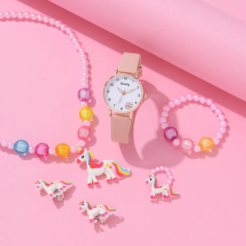 Watch Set Primary School Student Fashion Girl Watch Cute Little Girl Watch Kids Cartoon Children Quartz Lady Watch Girl Watch Pink e