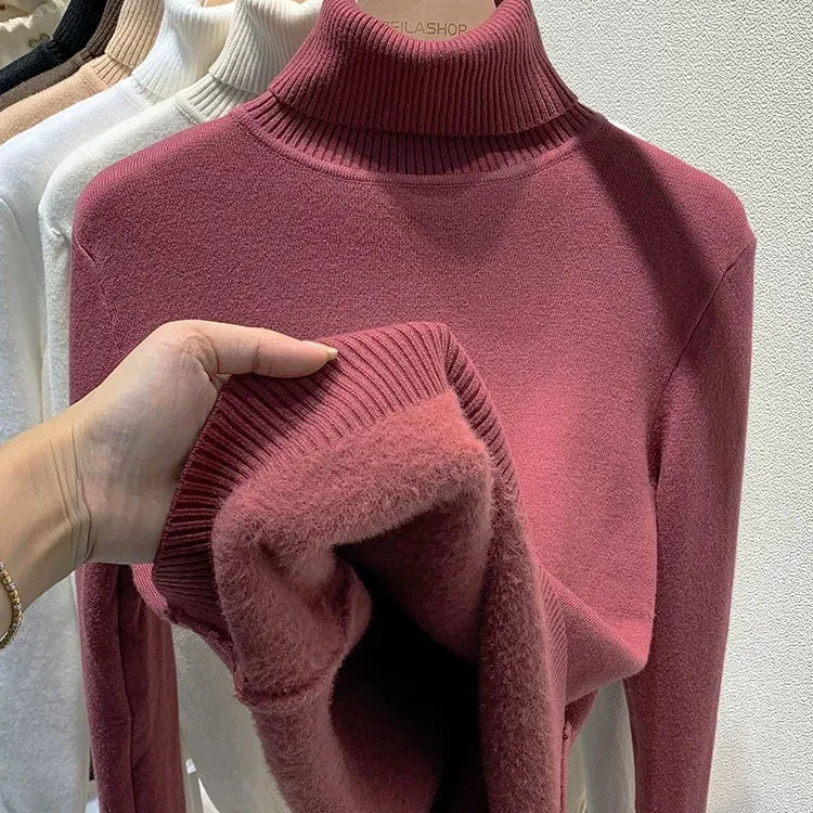 Turtleneck Winter Sweater Women Elegant Thicken Velvet Lined Warm Sueter Knitted Pullover Slim Tops Jersey Knitwear Jumper New Coral red