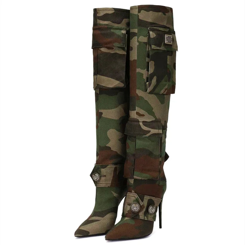Women's Denim Camouflage Knee High Boots 2023 Autumn Winter Pointed Toe High Heel Slip on Button Vintage Fashion Shoes Size 43