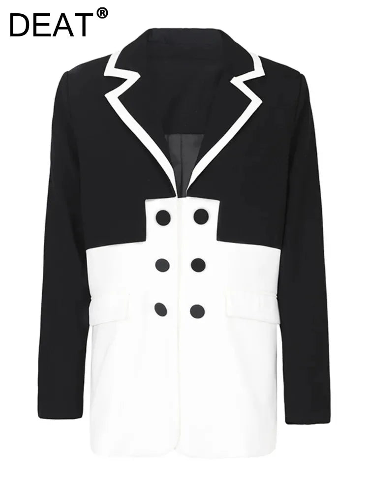 DEAT Fashion Women's Blazer Notched Collar Double Breasted Contrast Color Long Sleeve Suit Jackets Spring New Tide 17A2850