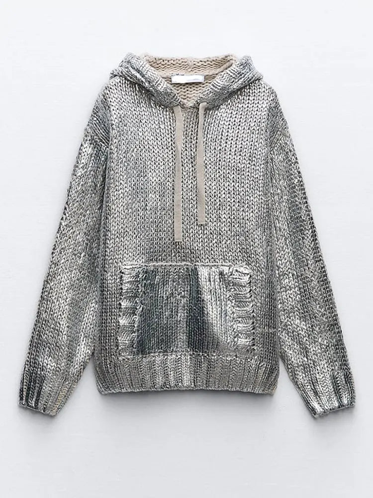 Women Chic Metallic Rib Trim Foil Hooded Sweater Casual Long Sleeve Drawstring Pullover Top Autumn Lady Elegant Sweatshirt