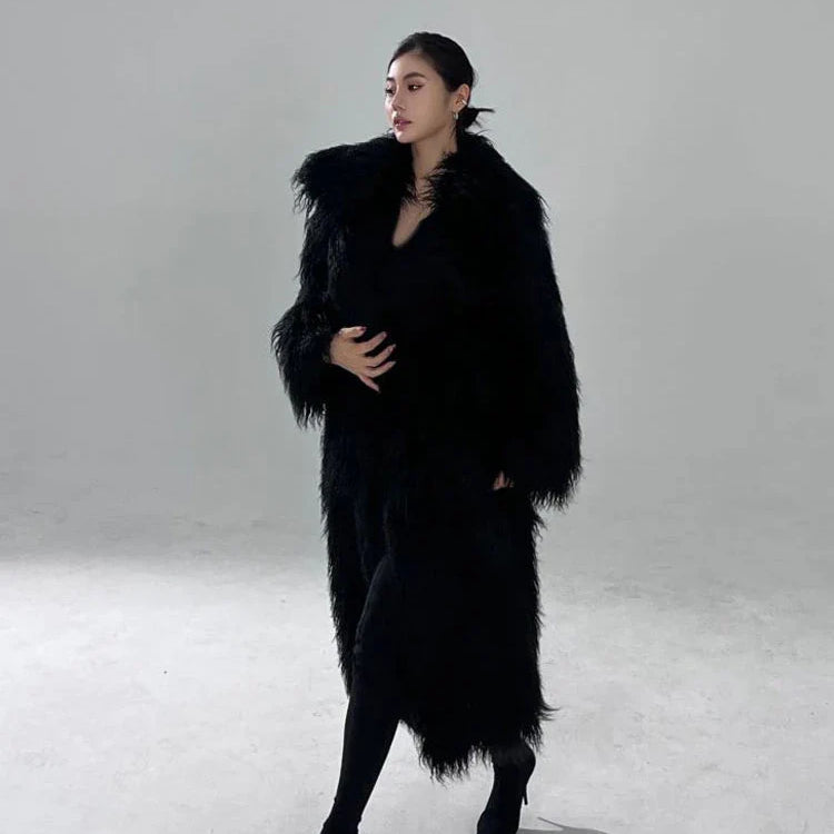 Winter Long Black Hairy Shaggy Thick Warm Soft Fluffy Faux Fur Coat Women Sashes Luxury Designer Overcoat Runway Fashion