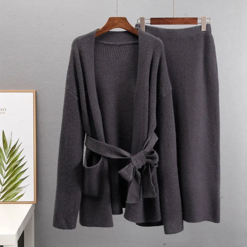 Soft Vintage Lace Up Women Suits 2 Pieces Female Sets with Belt V Neck Cardigan & Midi Dress Ladies Knitted TrackSuit Grey Free Size