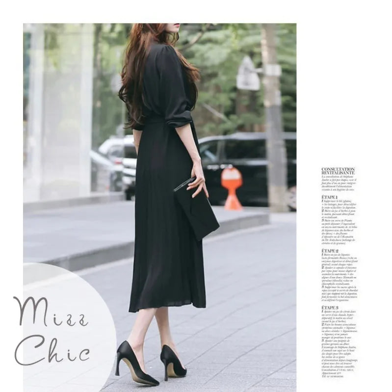 Elegant Chiffon Long Sleeve Shirt Dress Korean Fashion Women Belt Lace Up A-line Pleated Maxi Dress 2023 Fall Clothes Streetwear
