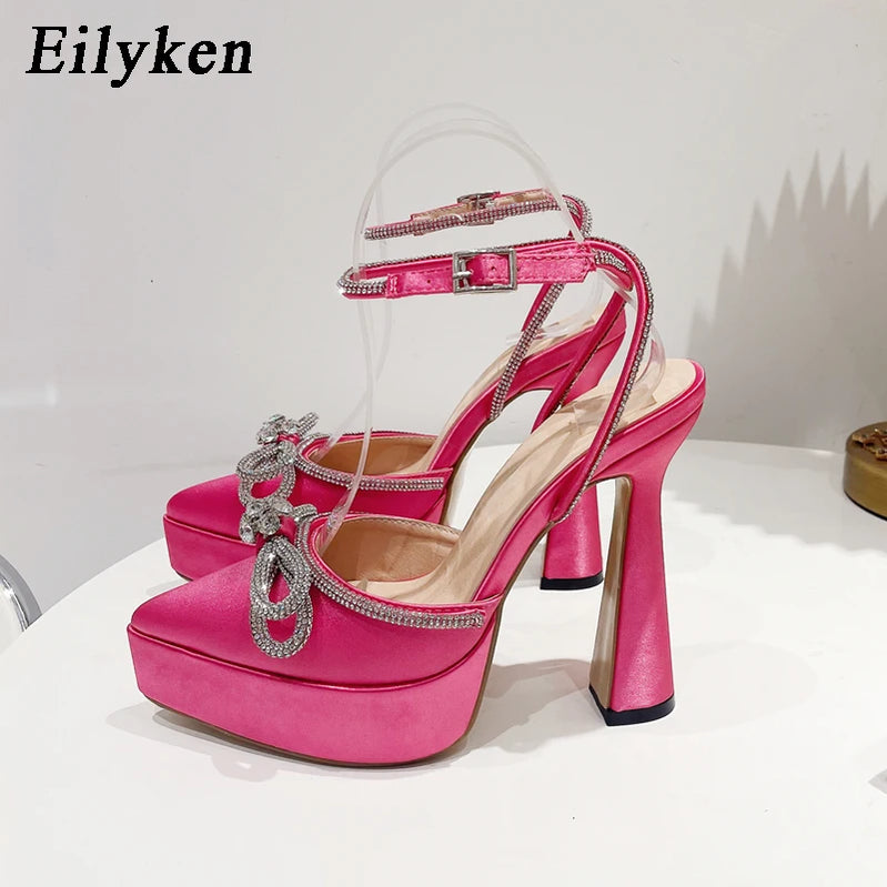 Runway Style Brand High Heels Women Pumps Fashion Butterfly-knot Crystal Pointed Toe Platform Chunky Party Prom Shoes