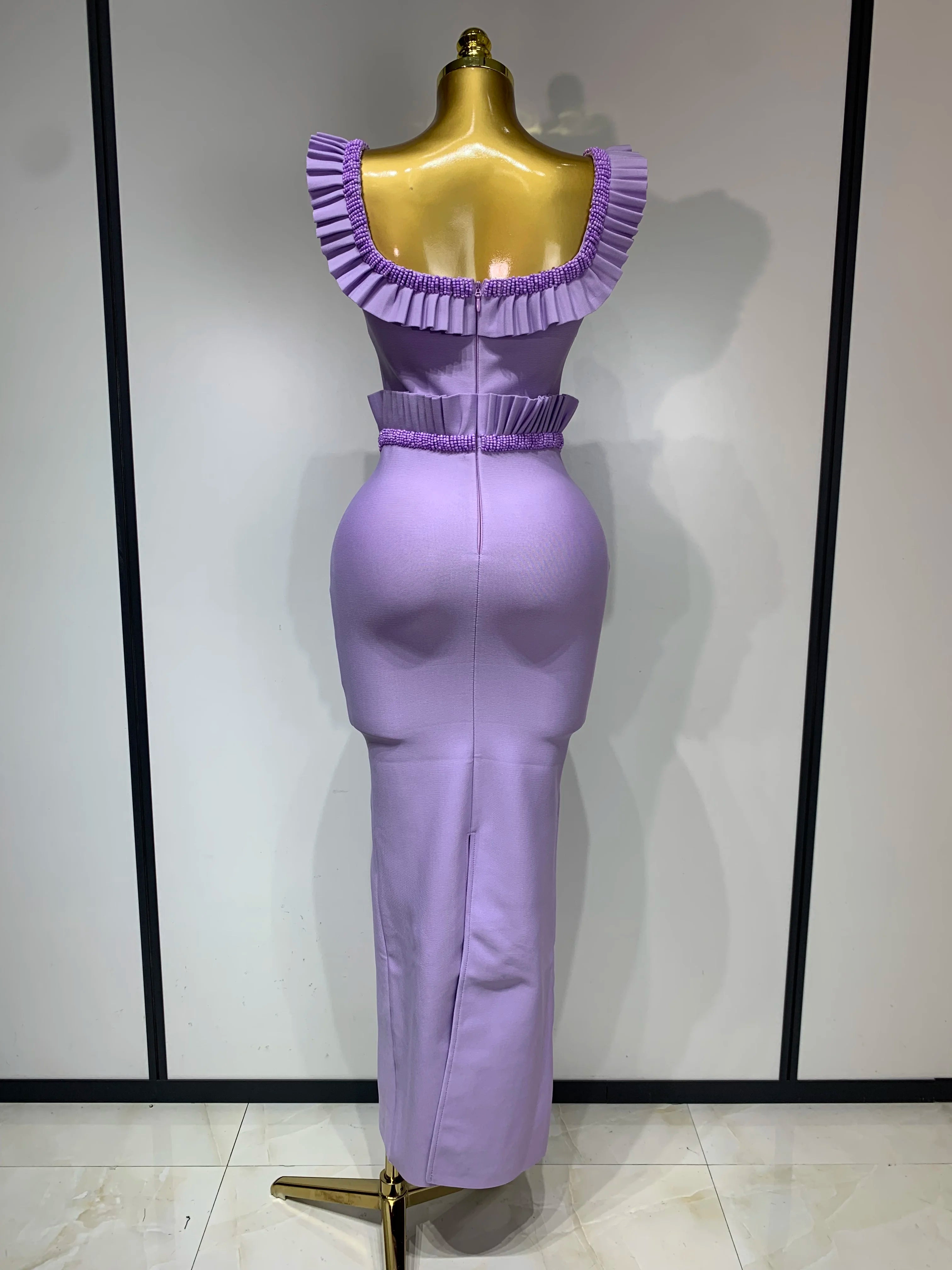 Women Sexy Square Collar Ruffles Beading Long Bodycon Bandage Dress 2025 Celebrity Elegant Evening Club Party Birthday Dress