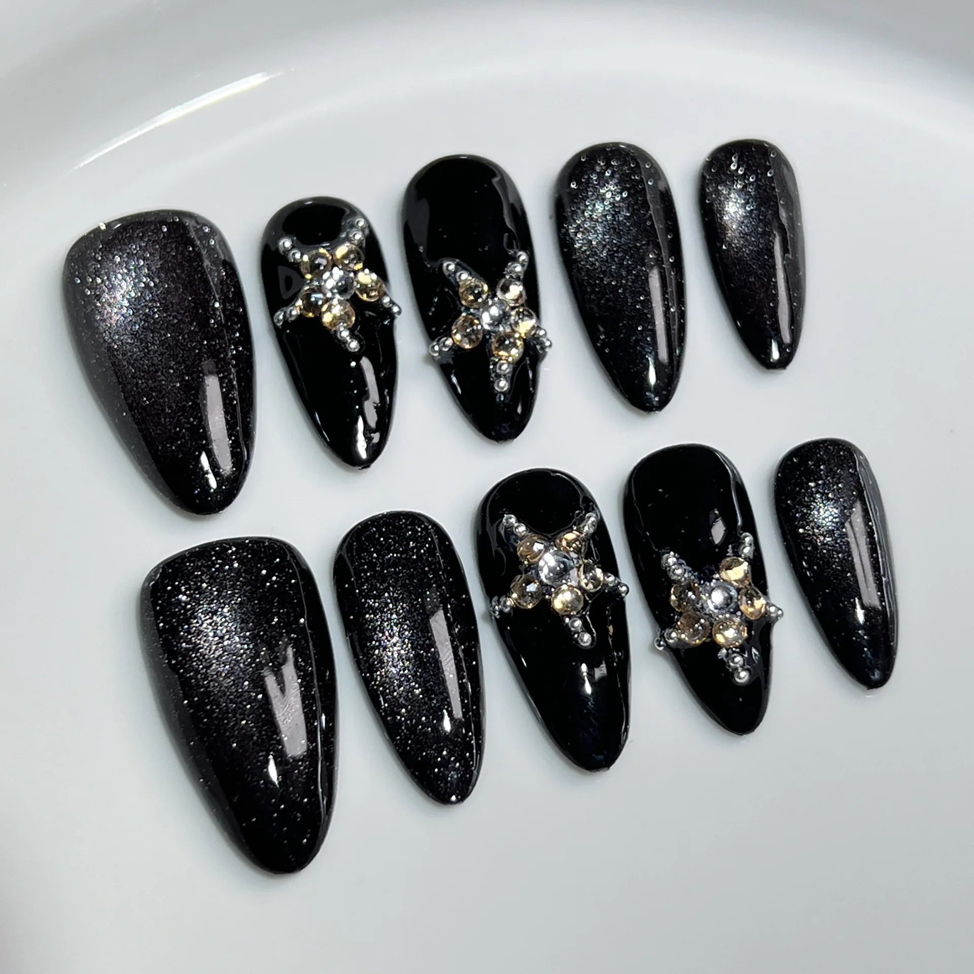 10Pcs Metallic Almond Handmade Fake Nails with Glue Sweet Cool Gel Nail Press on Dark Color Full Cover False Manicure Nail Tips