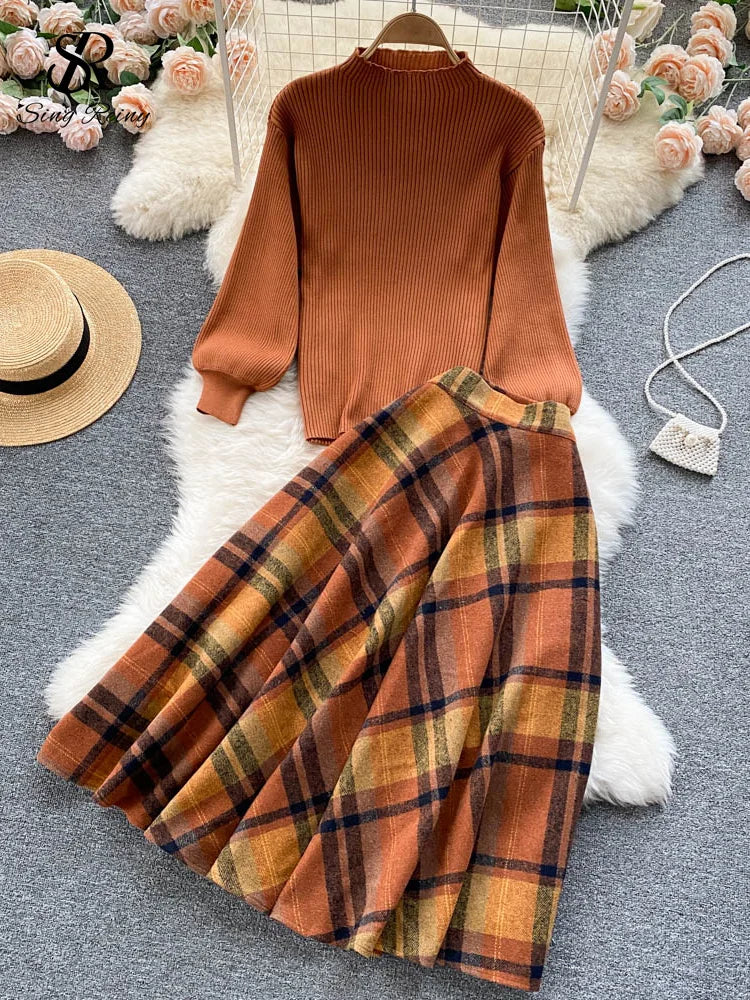 SINGREINY Women Retro Sweater Suits Fashion Lantern Sleeve Sheath Knitted Top+Elastic Loose Long Skirt Two Pieces Sets