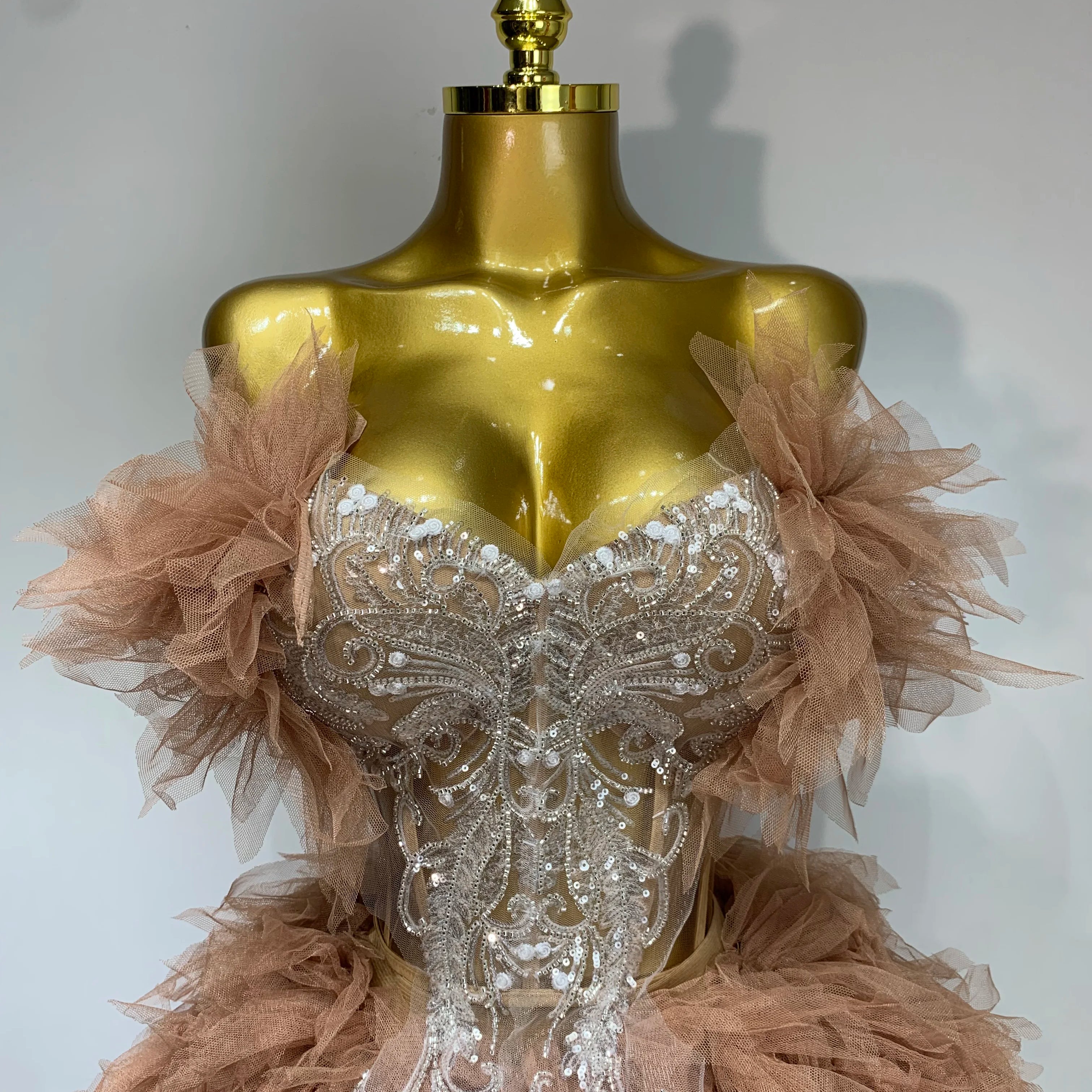 Women Sexy Strapless Two Pieces Set Prom Gown Mini Dress Celebrate Nightclub Party Performance Costume Singer Stage Wear