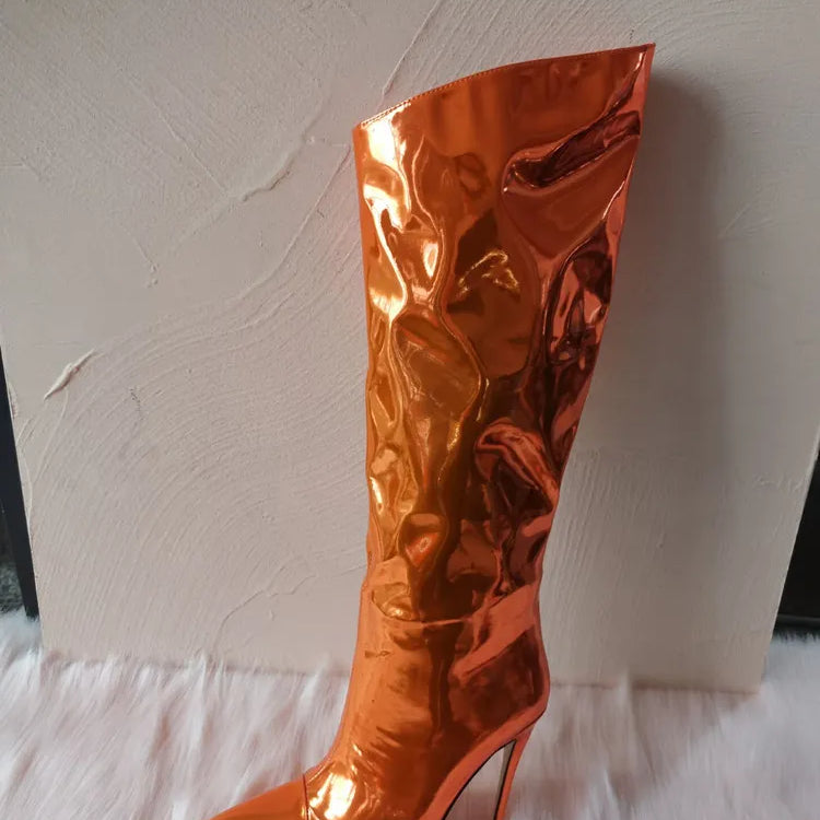 Thigh High Boots Candy Color Mirror Leather Women Knee High Boots High Heels Stilettos Runway Shoes for Women High Heel Boots