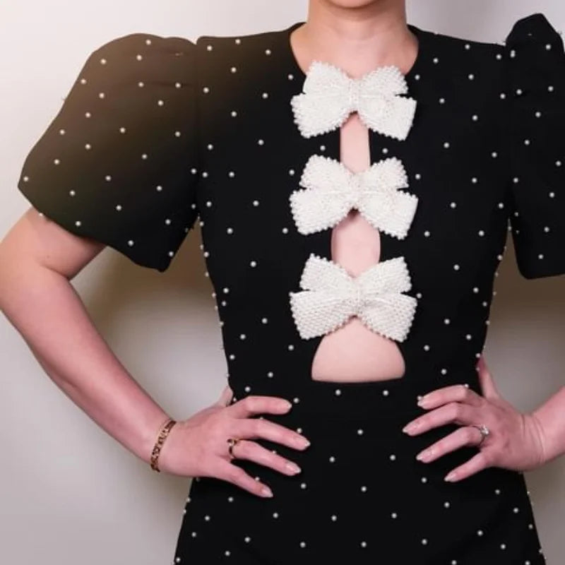 Bow Hollow Out Women's Black Dress Sexy Short Sleeve Party Mini Bandage O-neck Dresses Spring Elegant Shinny Robe