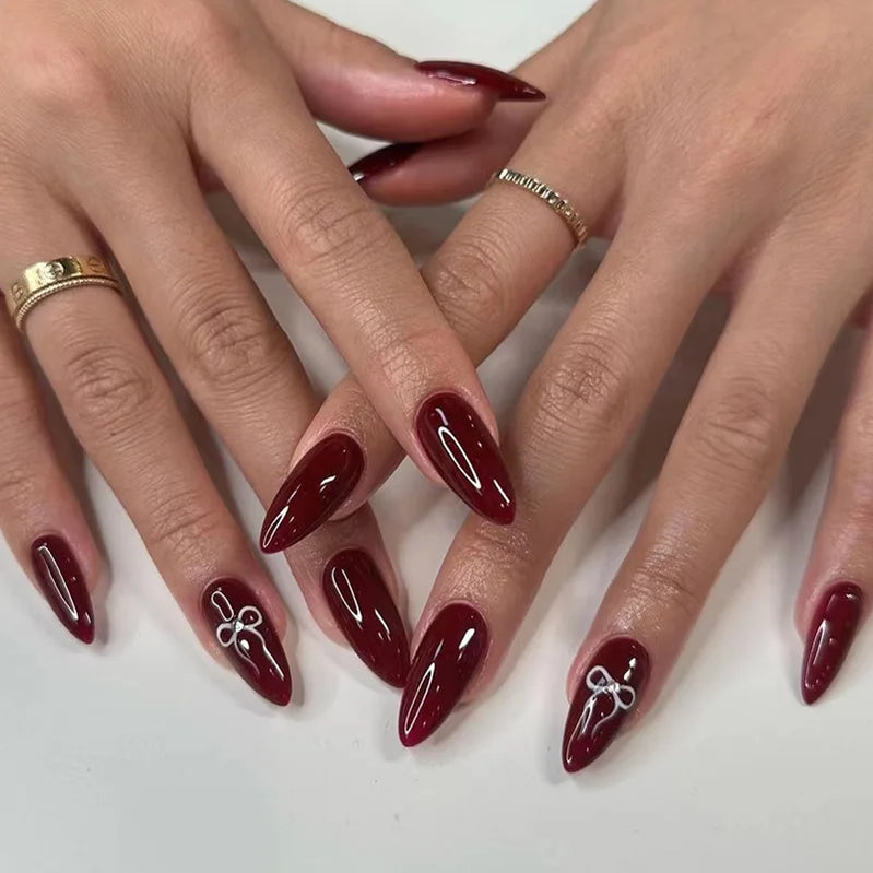 Unhas postiças simples vermelho vinho com cola, comprimento médio, amêndoa, unhas postiças, vestíveis, cabeça redonda, oval, cobertura total