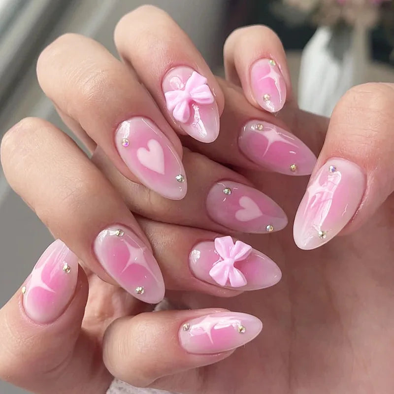 24Pcs Mid-length Almond Fake Nails with 3D Bow White Edge French Design Full Cover Nails Tips Art Wearable Press on False Nails