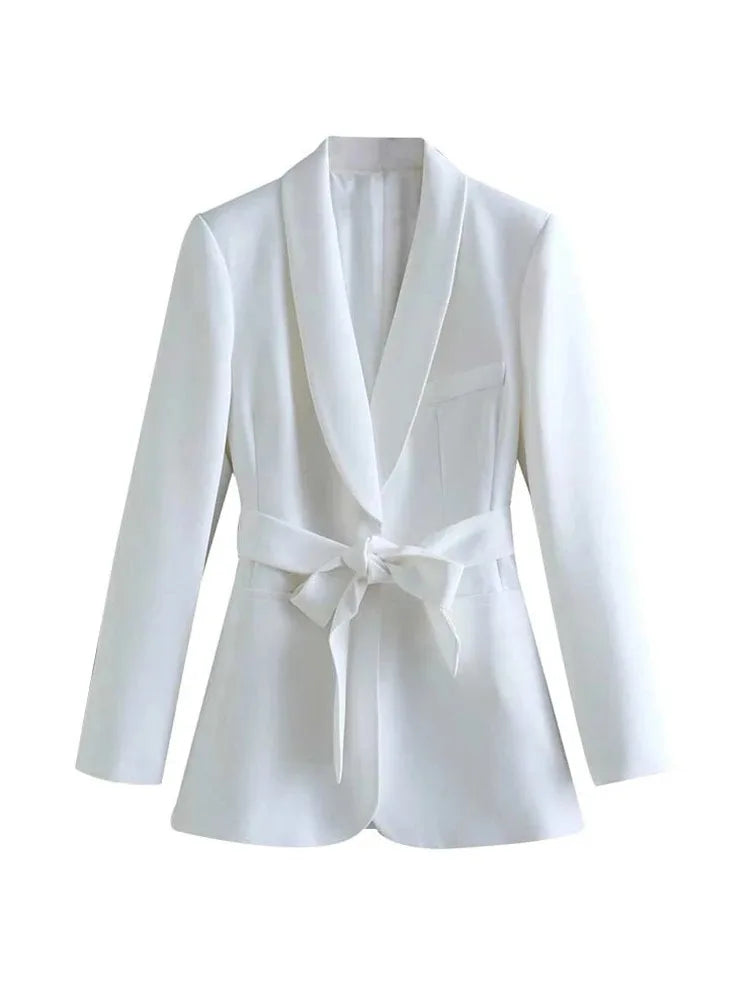 TRAFZA Women's Casual Blazer Chic Outerwear Elegant Flared Trousers Long Sleeve V-Neck Belted Office Commuter Suit Set White Top-O58