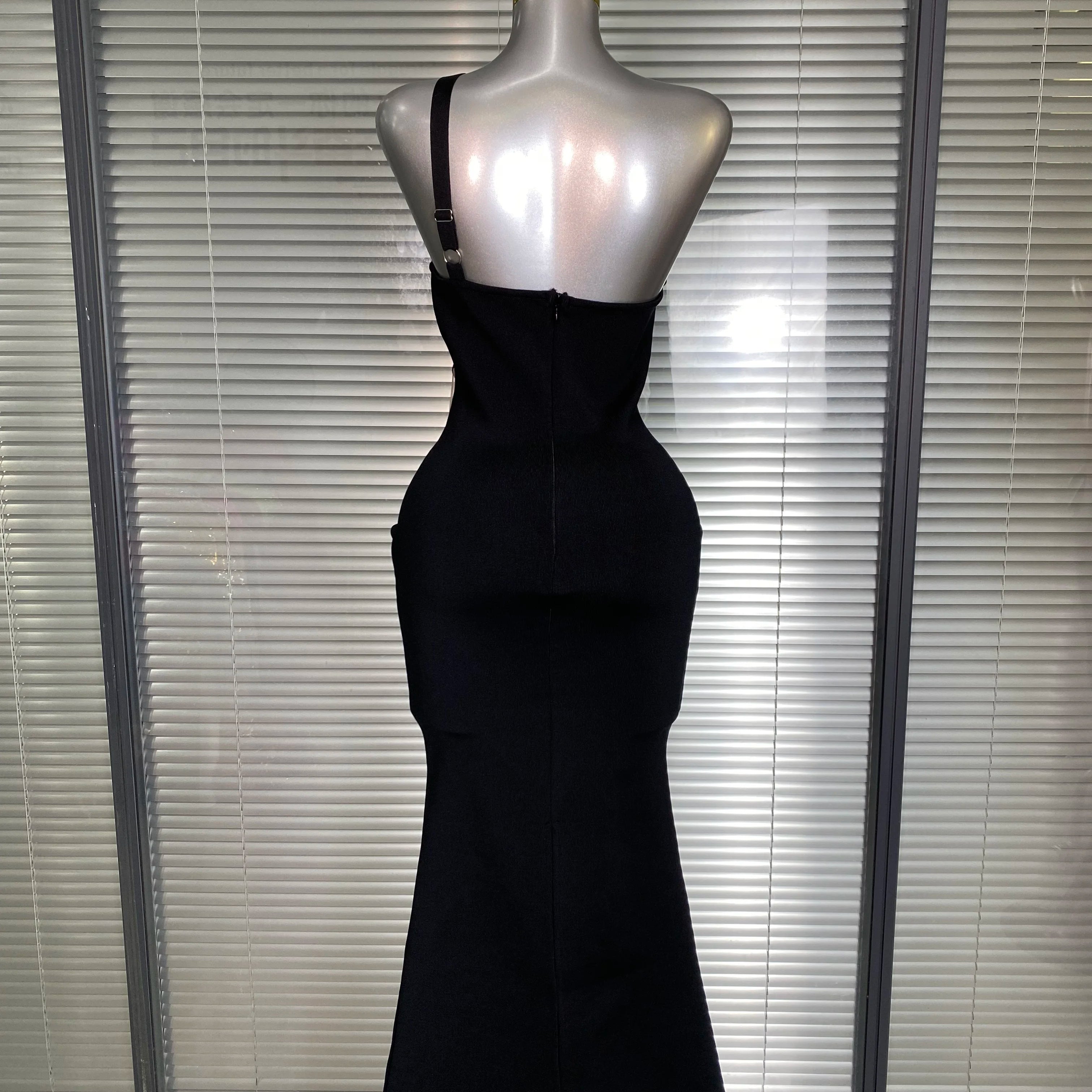 Summer New 2025 Women Black One Shoulder Long Bodycon Bandage Dress Green Flower Crystal Evening Party Dress Vestido