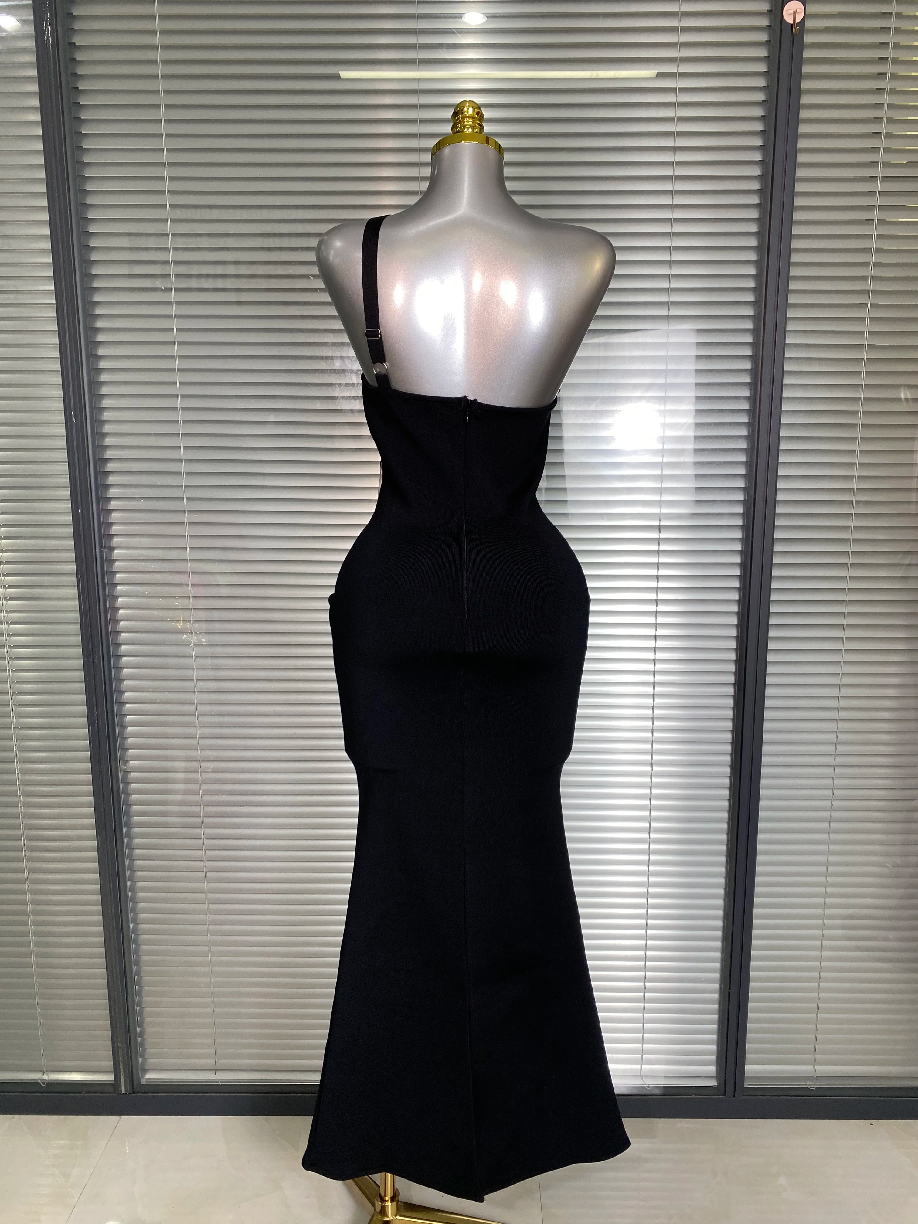 Summer New 2025 Women Black One Shoulder Long Bodycon Bandage Dress Green Flower Crystal Evening Party Dress Vestido