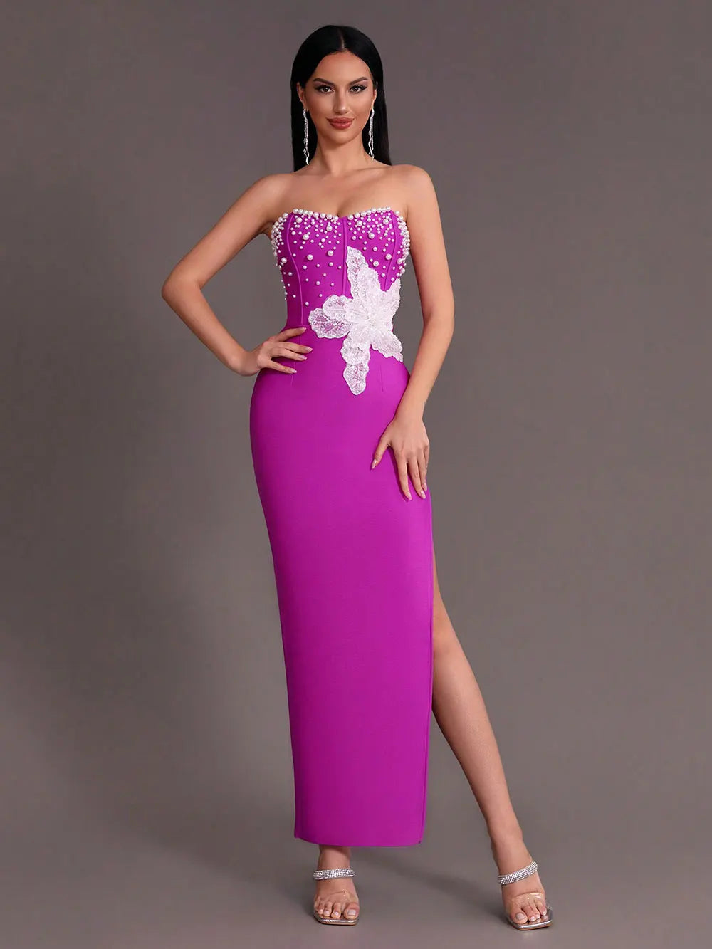 2025 Spring Sexy Women's 3D Flower Pearl Bandage Dress Strapless Sleeveless Bodycon Backless Long Dress Club Party Vestidos