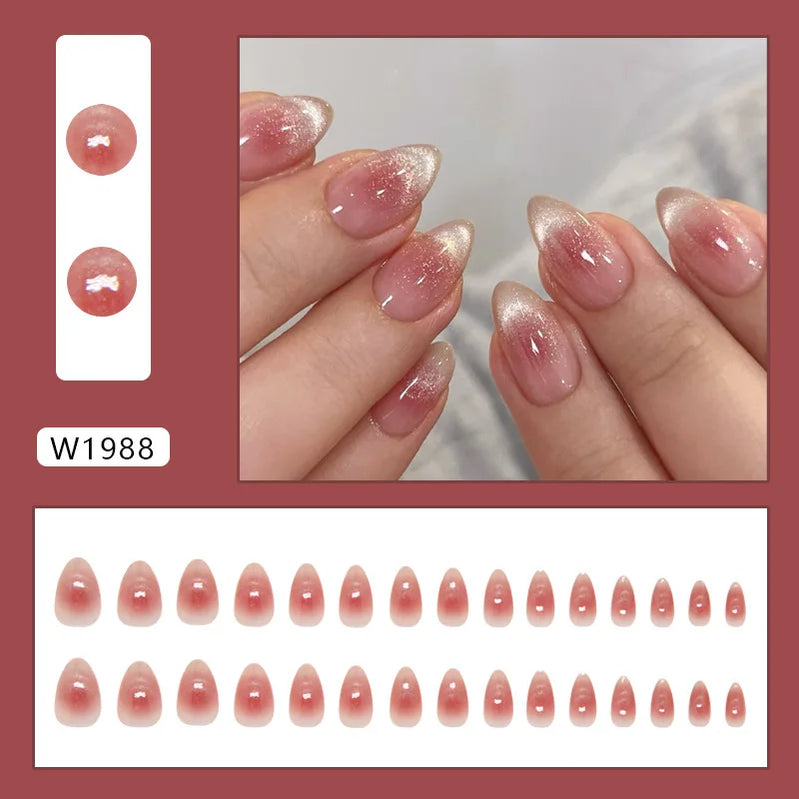 24pcs Shiny Green Cat Eye False Nails Cute Seal Print Fake Nails Tips Wearable Reusable Glossy Short Round Press on Nails
