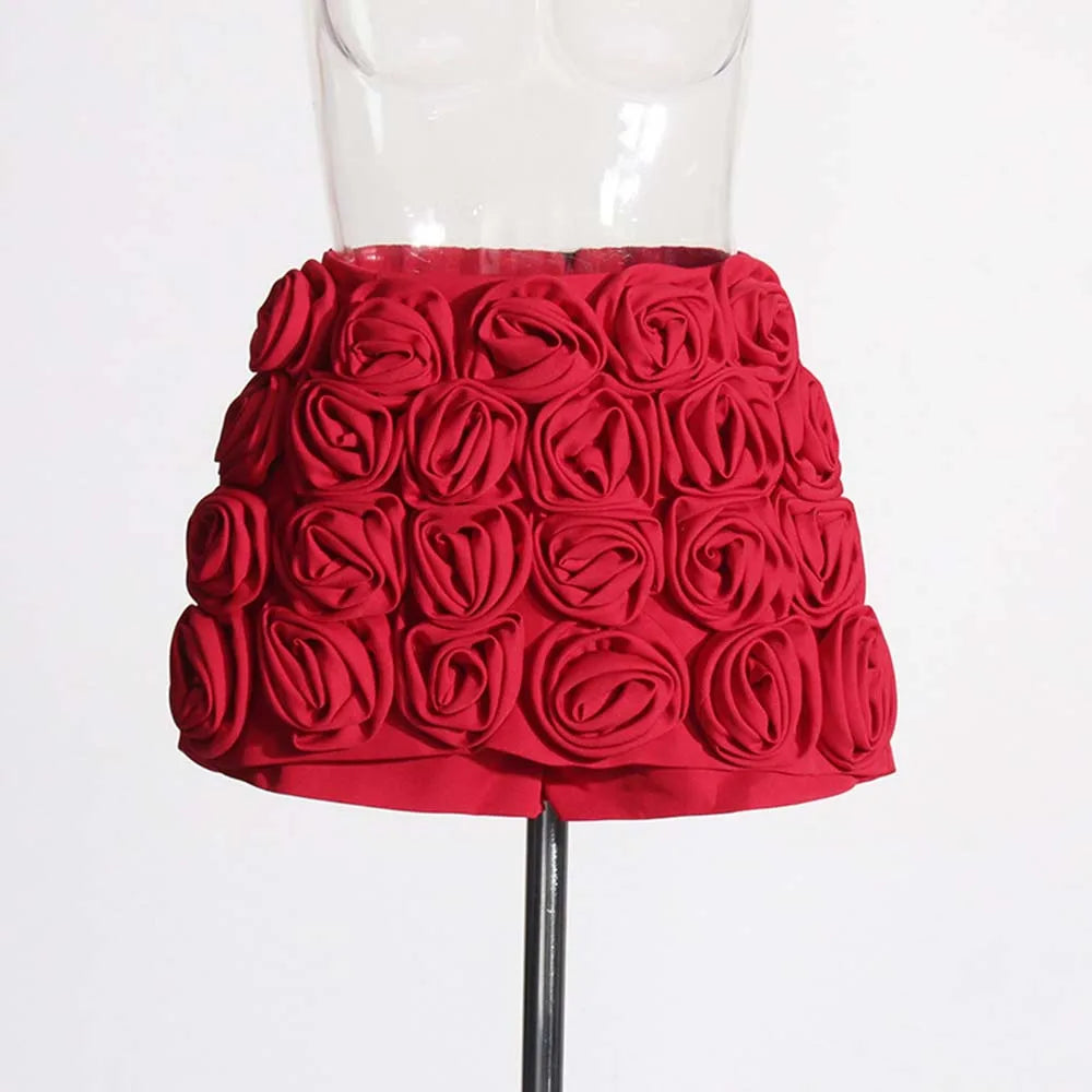 Ailigou Summer New Women's Fashion 3D Rose Decoration Design Feeling Half body Skirts, High Waist Shorts, Skirts Red