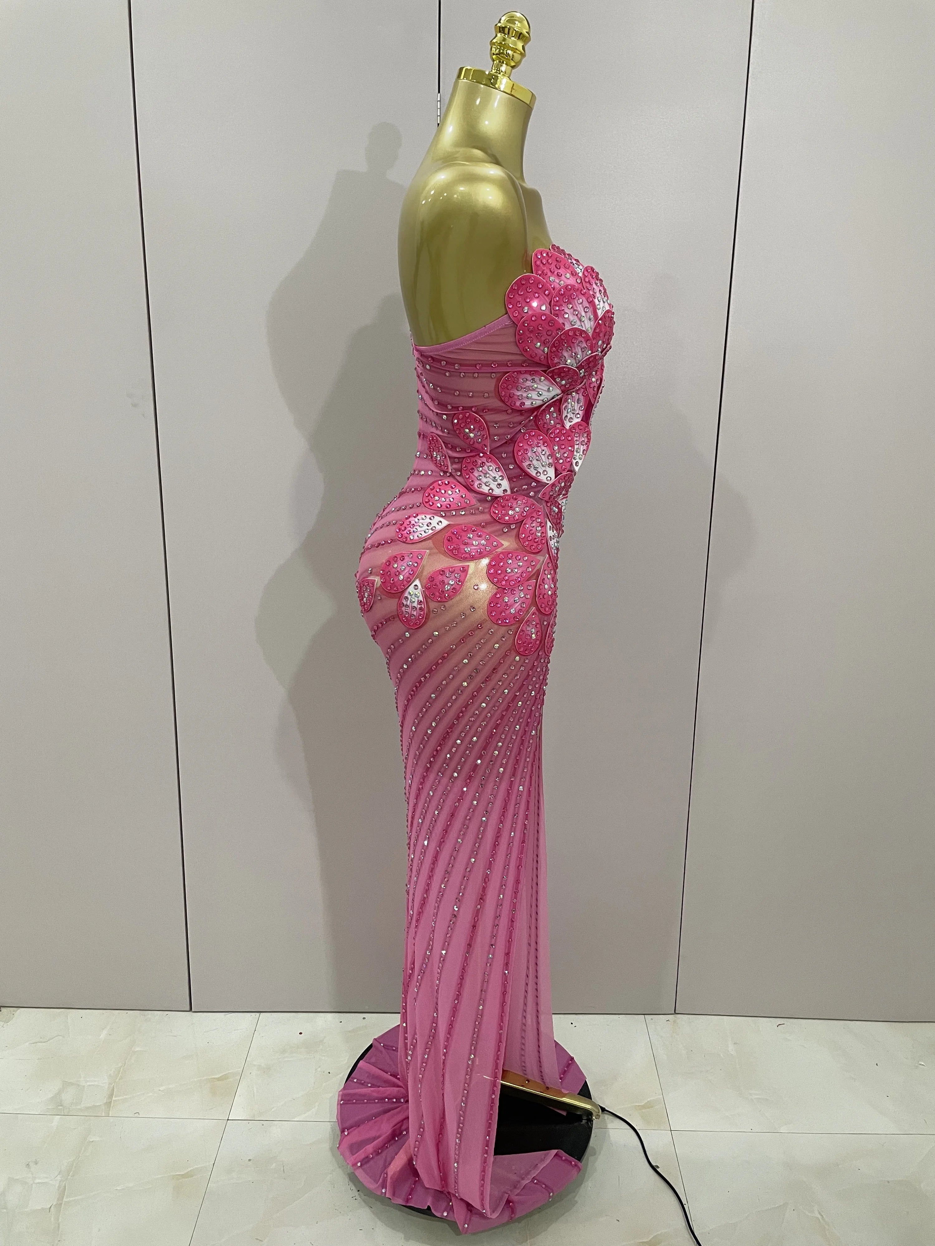 Luxury Shinning Rhinestones Flowers Sexy One Shoulder Bodycon Maxi Long Dress 2025 Women Evening Birthday Party Stage Costume