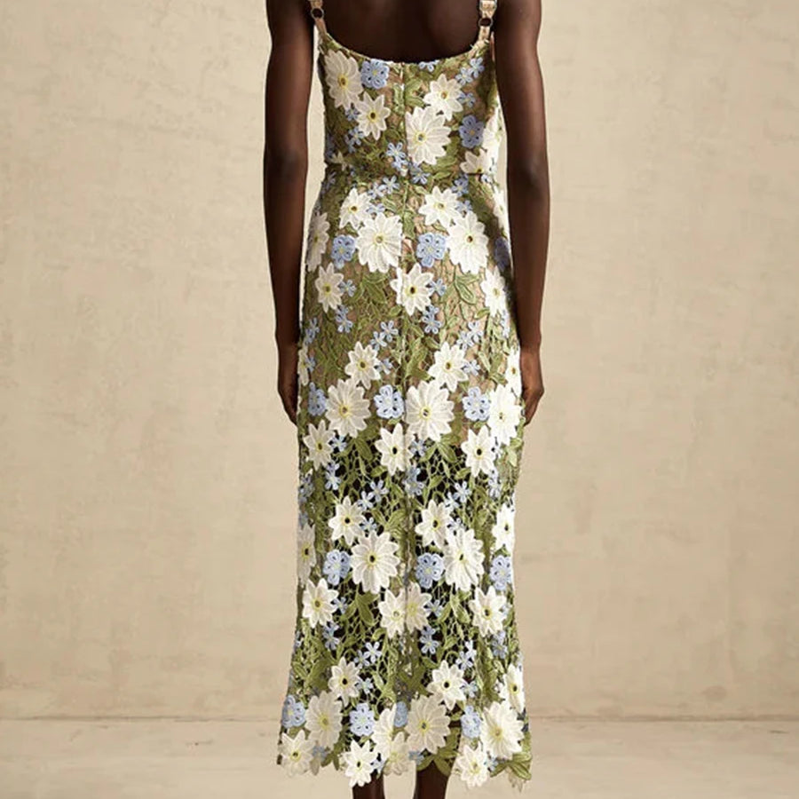 TWOTWINSTYLE Colorblock Slimming Fashion Midi Dresses for Women Square Neck Sleeveless Patchwork Applique Dress Female Clothing