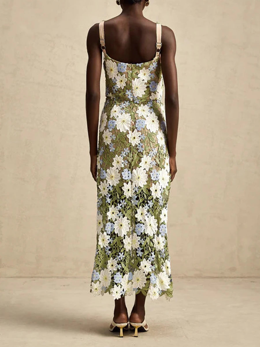 TWOTWINSTYLE Colorblock Slimming Fashion Midi Dresses for Women Square Neck Sleeveless Patchwork Applique Dress Female Clothing