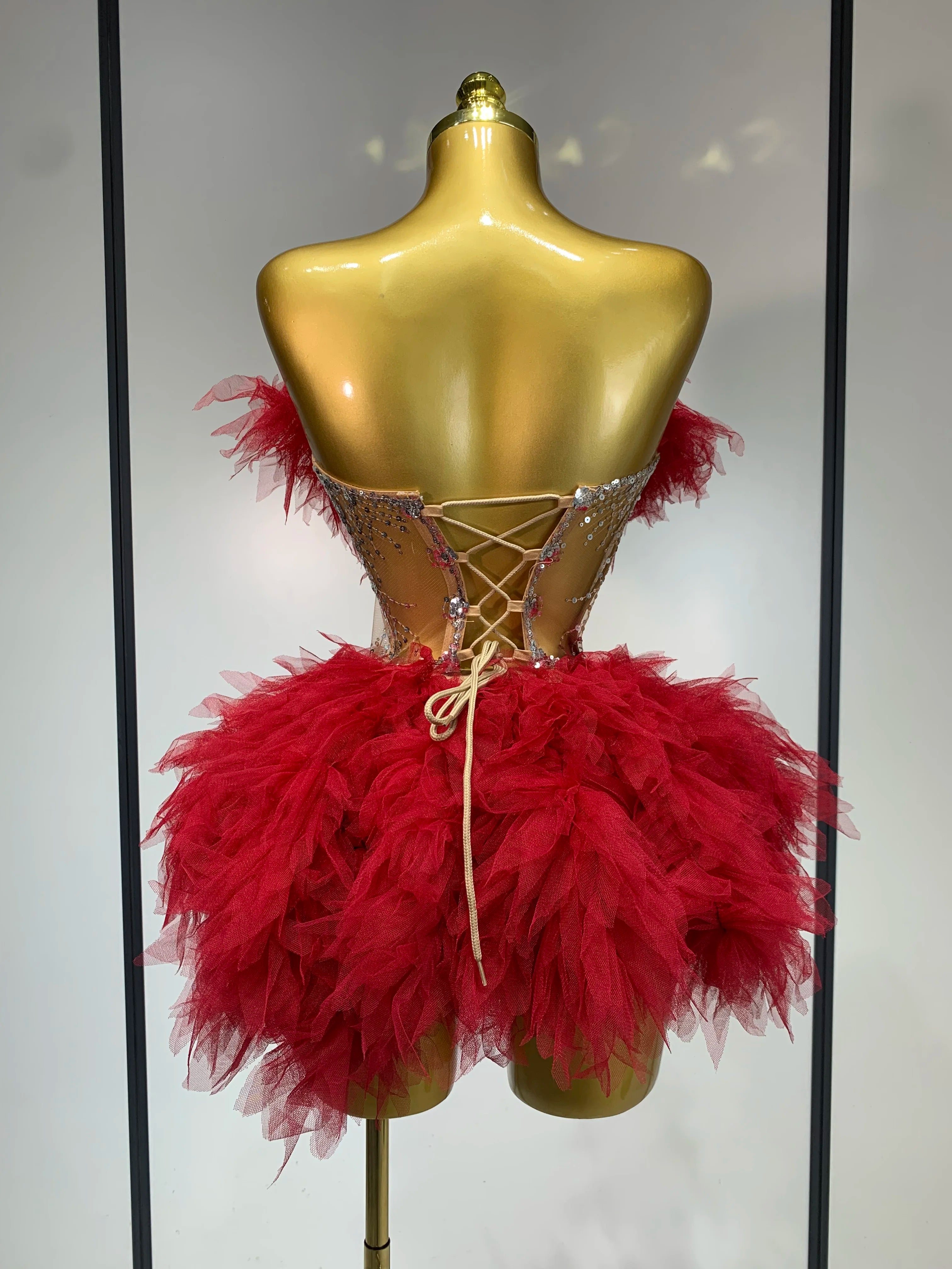 Sexy Strapless Red Mesh Two Pieces Set Singer Nightlcub Party Stage Outfit Photo Shoot 2025 Prom Gown Luxury Birthday Dresses